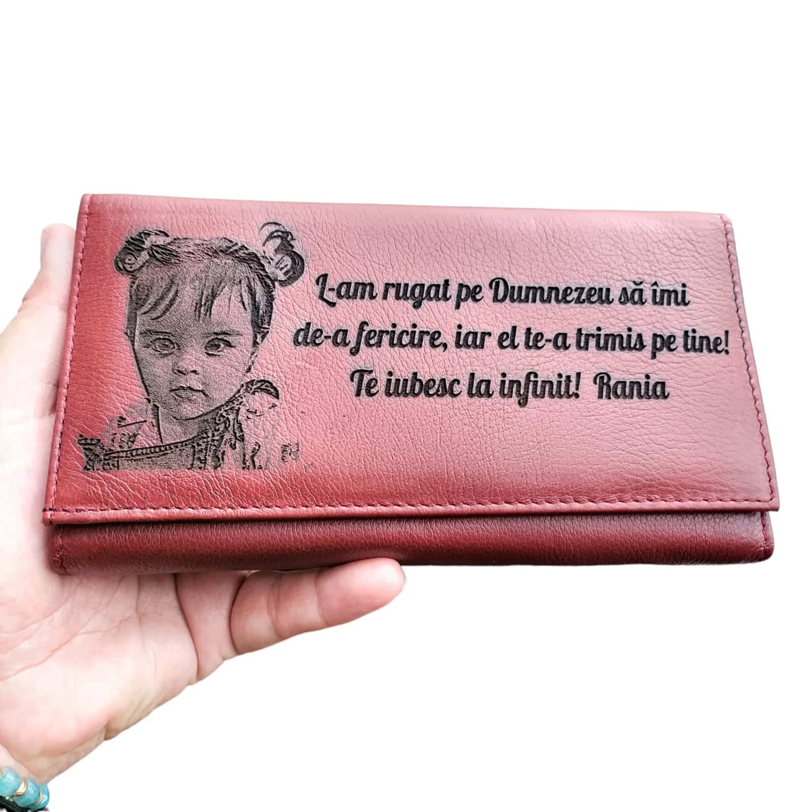 Portofel dama rosu piele naturala personalizat L-am rugat