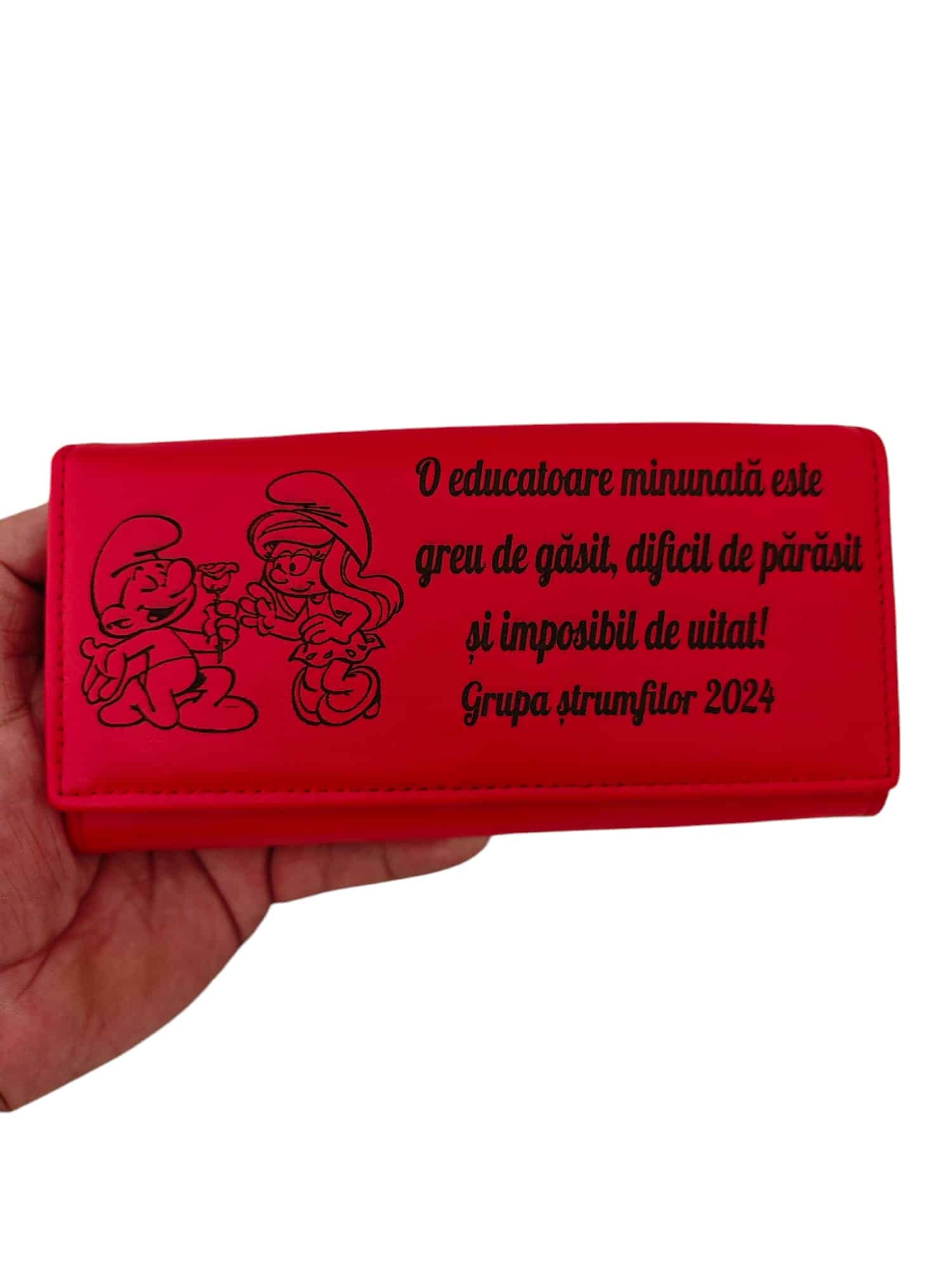 portofel dama rosu personalizat cu text Strumfi