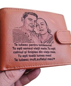 Portofel personalizat din piele naturala maro coniac Te iubesc