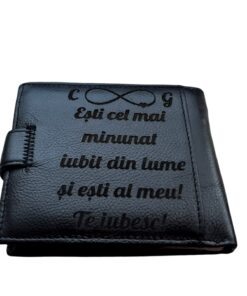 portofel negru piele naturala cu capsa Esti al meu te iubesc