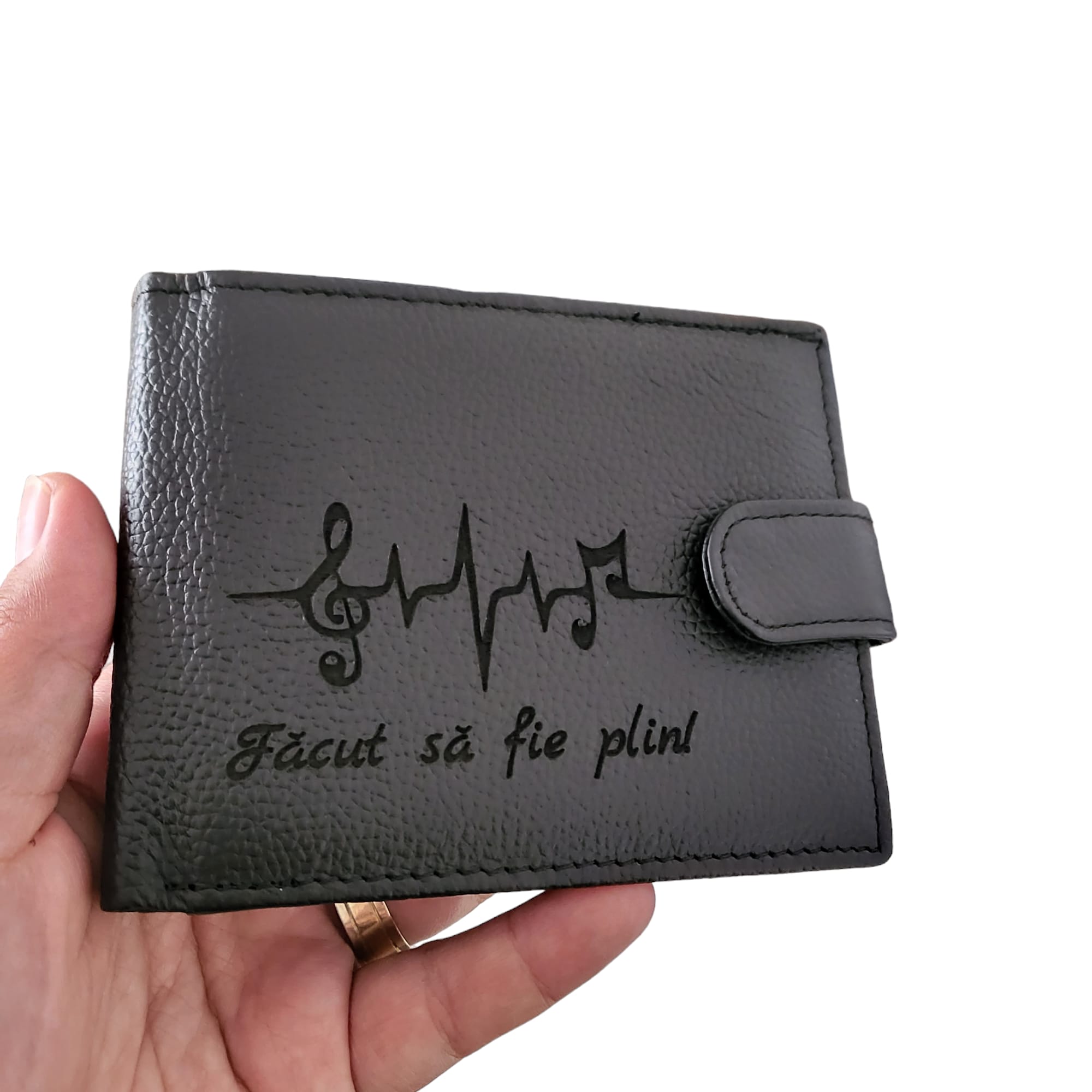 portofel negru piele naturala personalizat cu note muzicale si text