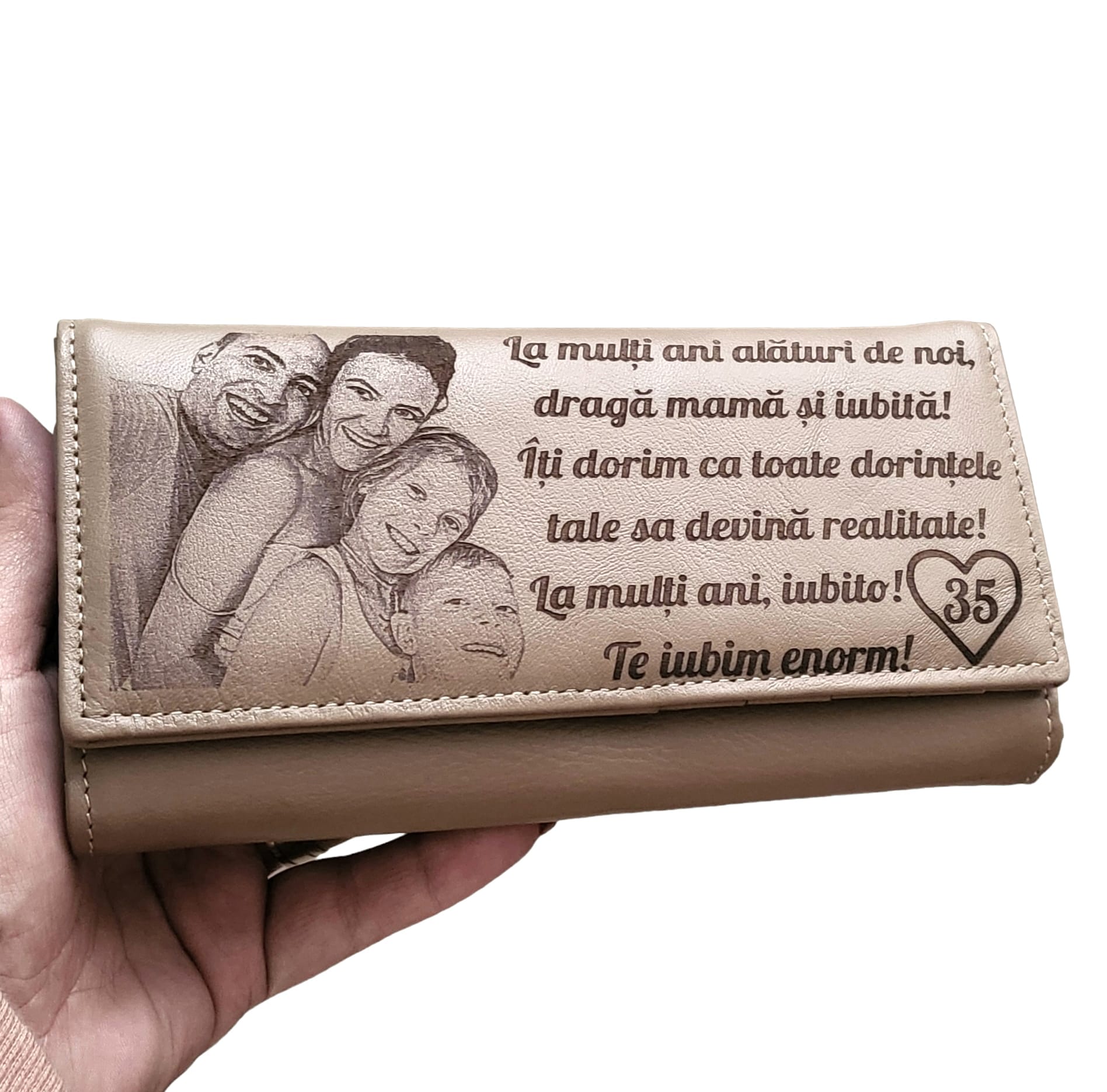 Portofel Personalizat dama, piele naturala, crem La multi ani