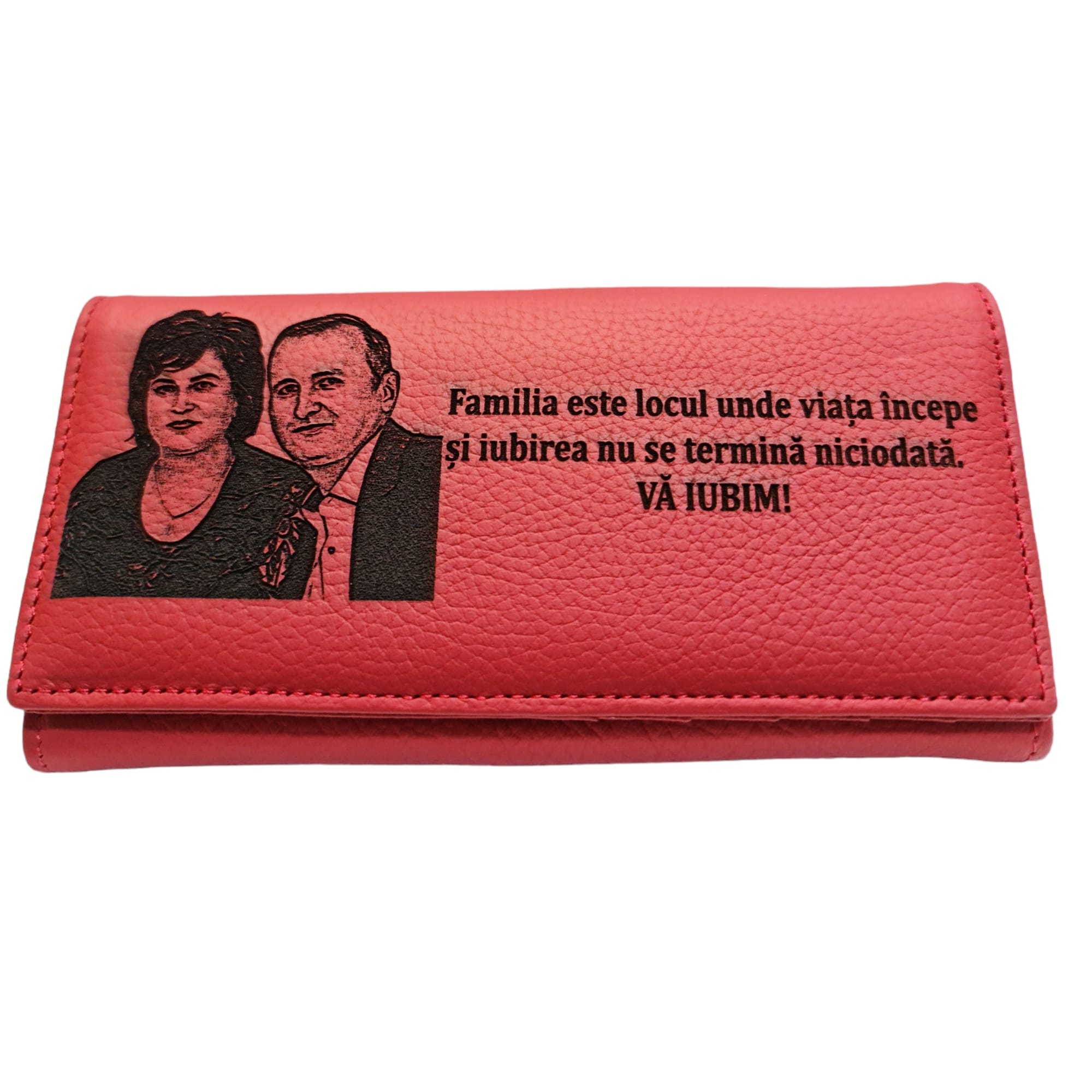 Portofel dama gravat piele naturala rosu Familia este locul!