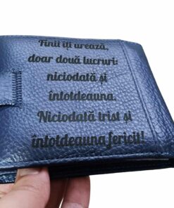 Portofel personalizat piele naturala albastru Finii iti ureaza