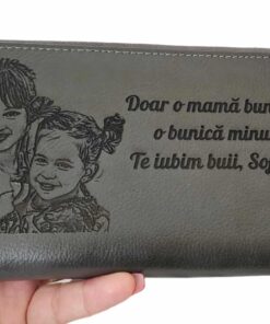 portofel dama personalizat cu poza si text gri Te iubim bunii