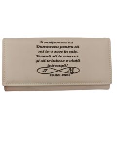 portofel dama beige personalizat cu text O viata intreaga