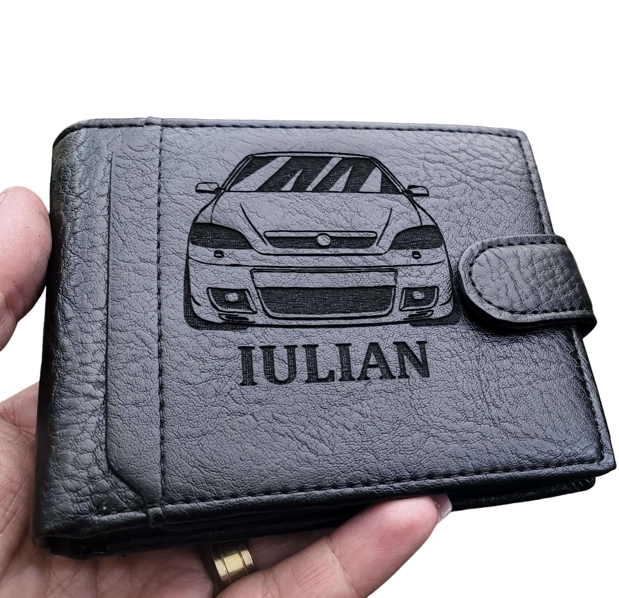 Portofel negru cu capsa personalizat cu Masina si Nume.