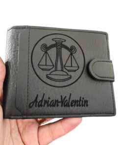 portofel negru cu capsa personalizat cu zodia dorita si nume