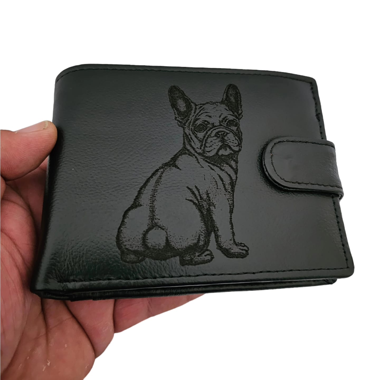 portofel piele naturala negru cu capsa personalizat cu Buldog