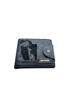Portofel Personalizat cu poza e2, barbati, piele , cu capsa, negru
