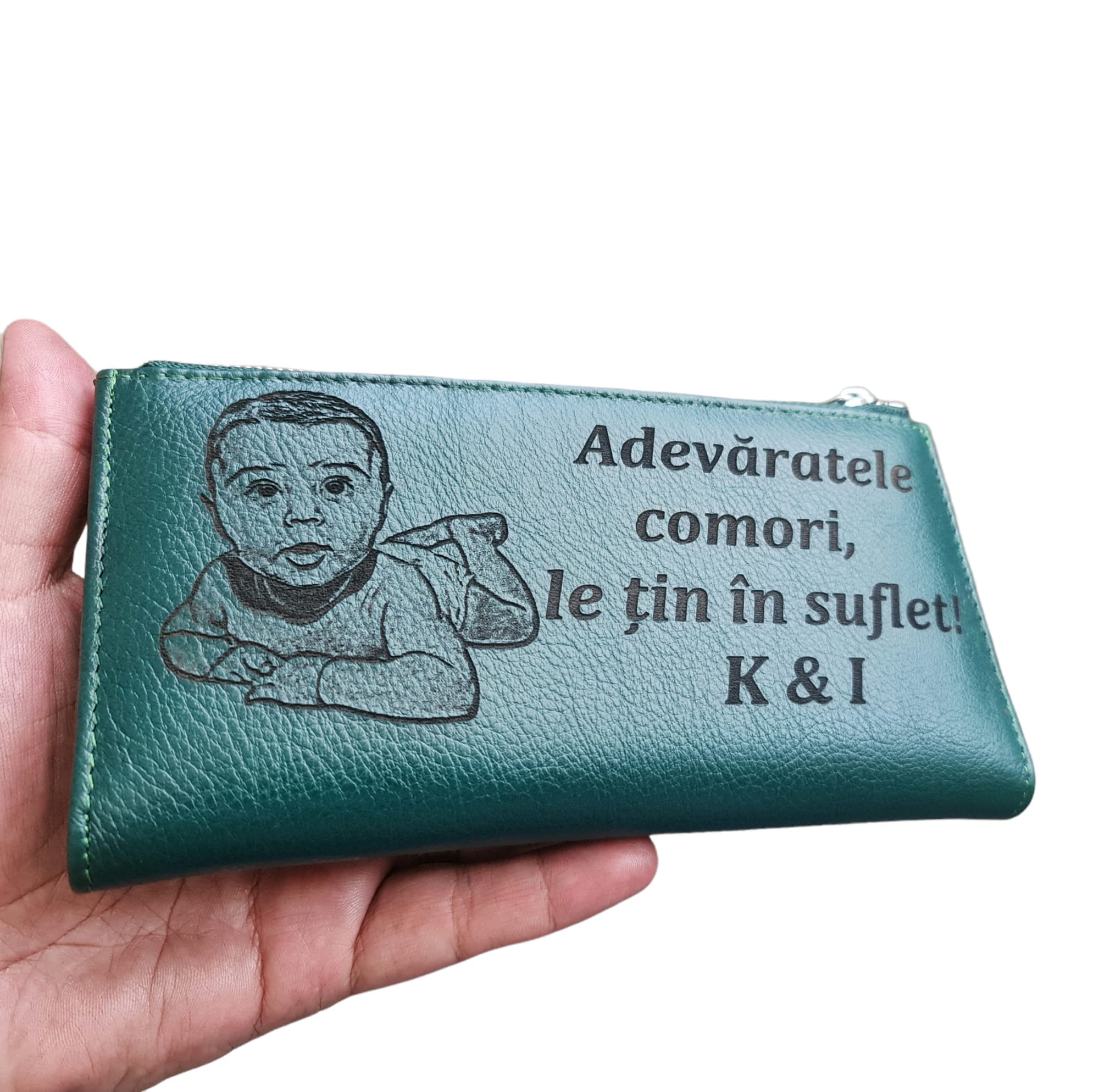 Portofel Personalizat 'Adevaratele comori', dama, piele naturala, verde
