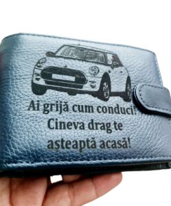 Portofel Personalizat 'Ai grija cum conduci', barbati, piele naturala, cu capsa, albastru