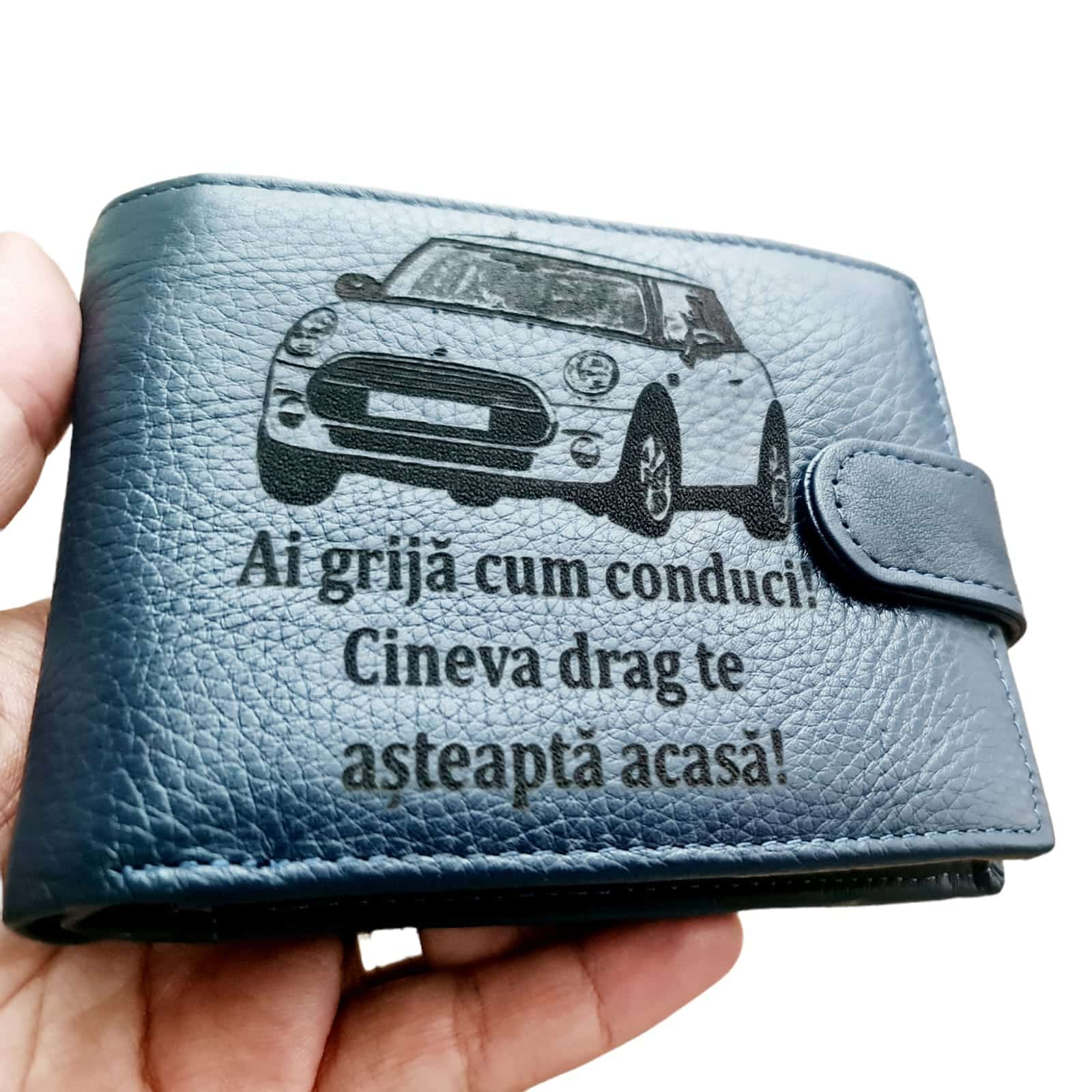 Portofel Personalizat 'Ai grija cum conduci', barbati, piele naturala, cu capsa, albastru