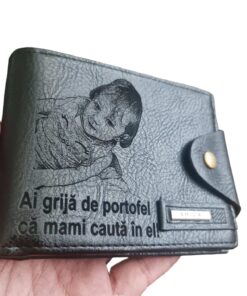 Portofel Personalizat 'Ai grija de portofel', barbati, piele , cu capsa, negru
