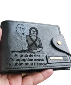 Portofel Personalizat 'Ai grija de tine 3', barbati, piele , cu capsa, negru