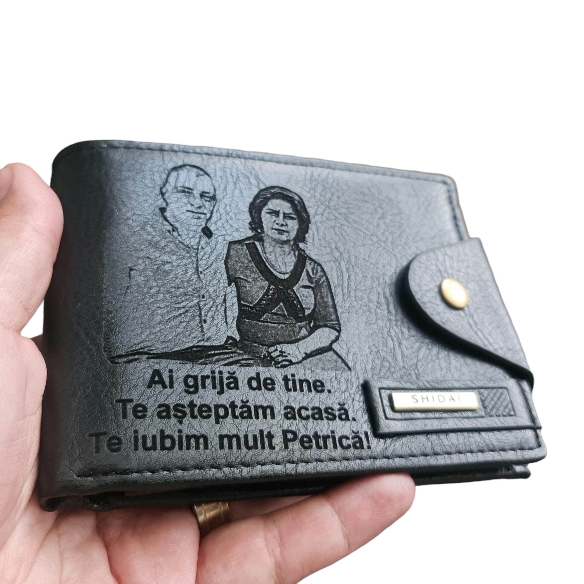 Portofel Personalizat 'Ai grija de tine 3', barbati, piele , cu capsa, negru