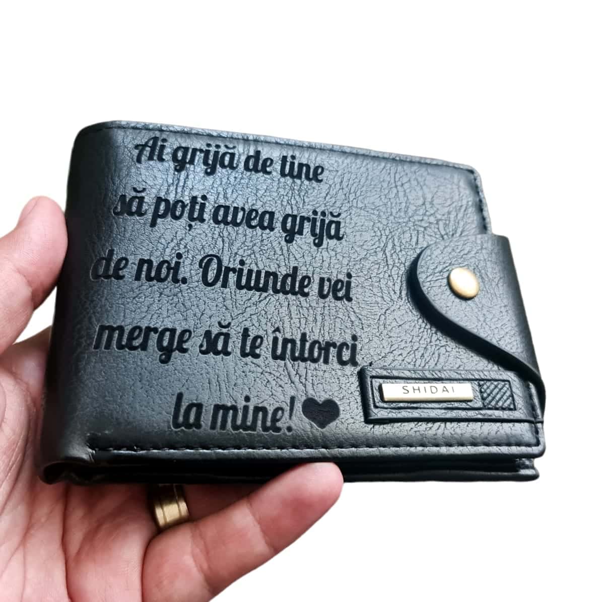 Portofel Personalizat 'Ai grija de tine 4', barbati, piele , cu capsa, negru