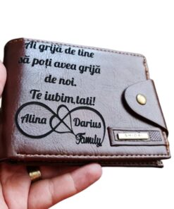 Portofel Personalizat 'Ai grija de tine 5', barbati, piele , cu capsa, maro