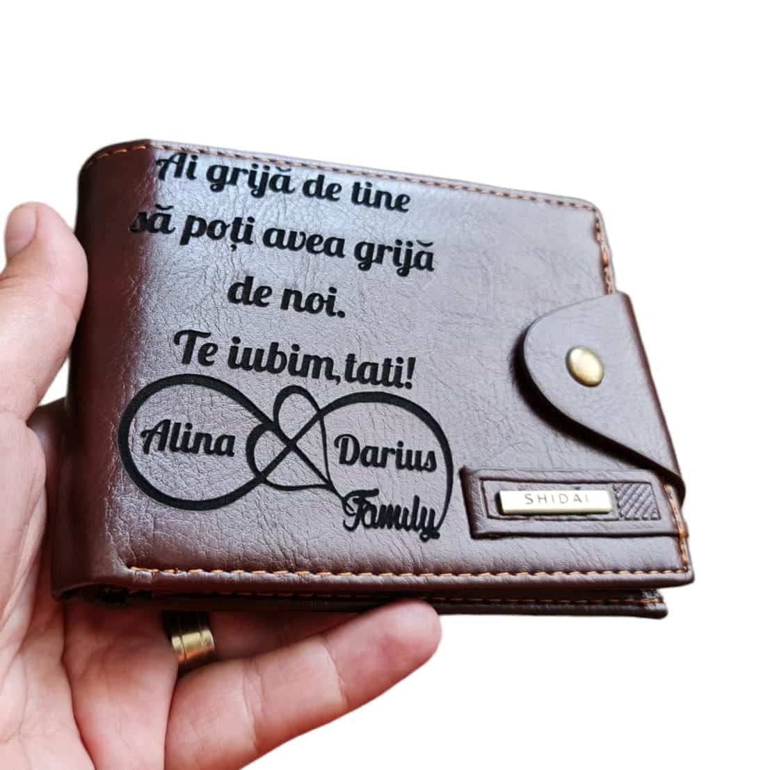 Portofel Personalizat 'Ai grija de tine 5', barbati, piele , cu capsa, maro