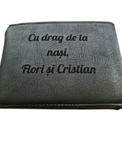 Portofel Personalizat 'Cu drag de la nasi', barbati, piele , cu capsa, negru