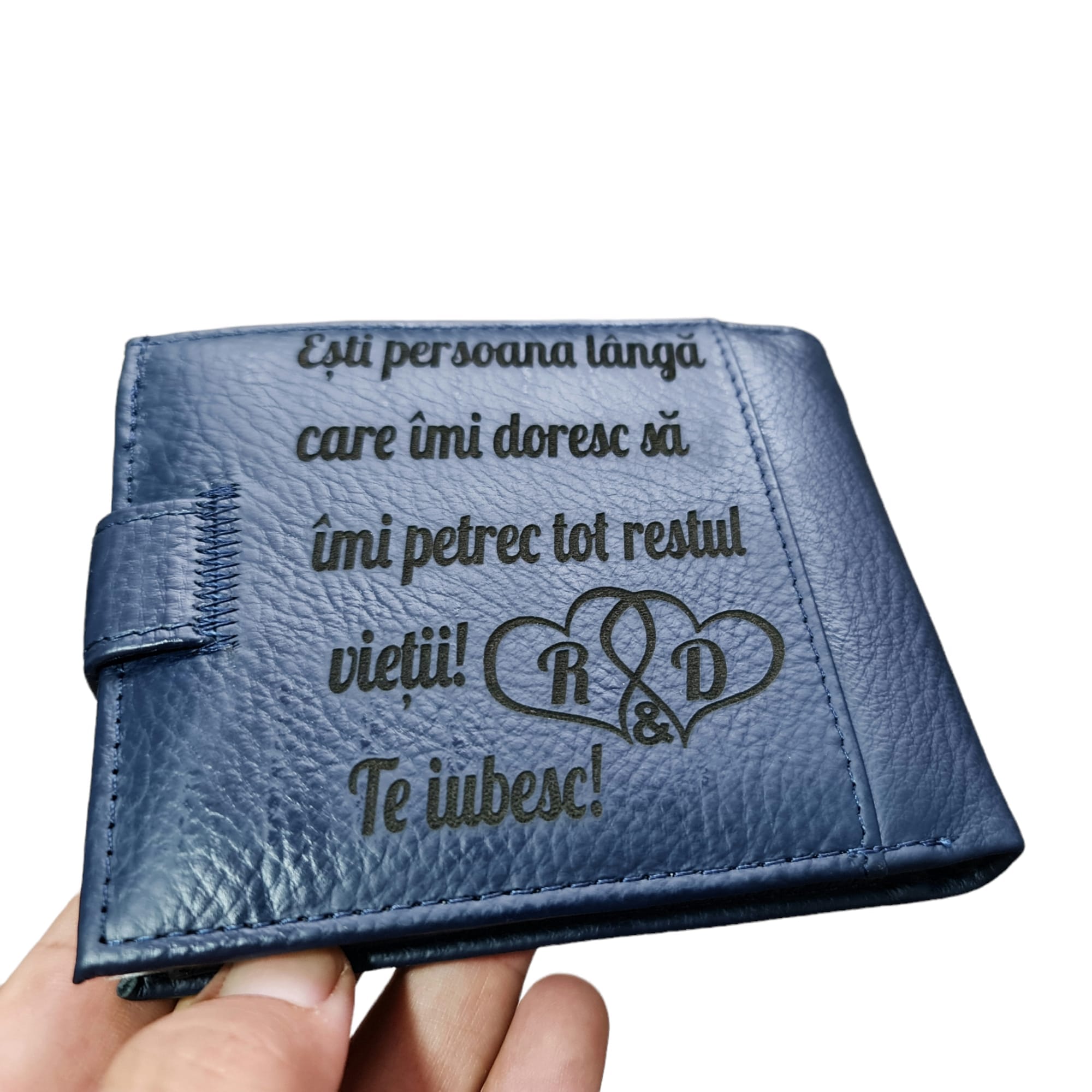 Portofel Personalizat 'Esti persoana langa care imi doresc', barbati, piele naturala , albastru