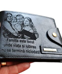 Portofel Personalizat 'Familia este locul 2', barbati, piele , cu capsa, negru