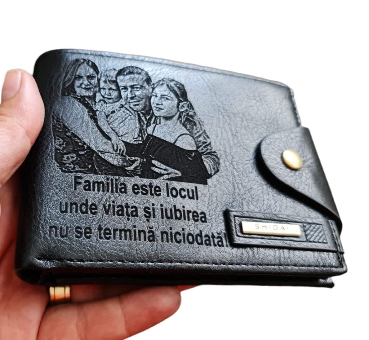 Portofel Personalizat 'Familia este locul 2', barbati, piele , cu capsa, negru