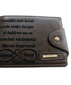Portofel Personalizat 'Familia este locul', barbati, piele , cu capsa, maro