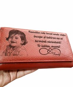 Portofel Personalizat 'Familia este locul unde viata 2', dama, piele naturala, rosu