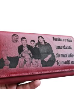 Portofel Personalizat 'Familia este o mica lume', dama, piele naturala, rosu