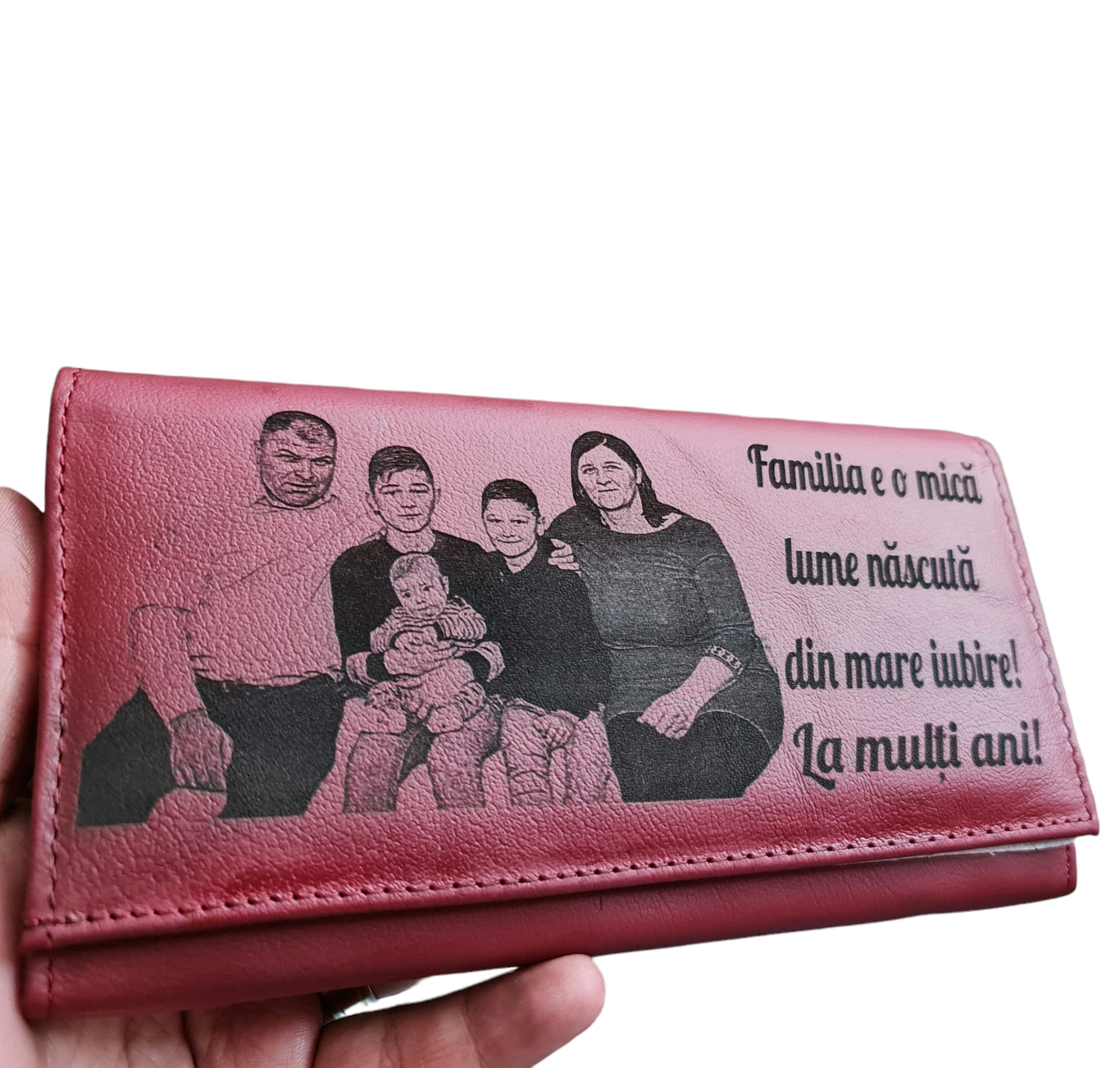 Portofel Personalizat 'Familia este o mica lume', dama, piele naturala, rosu