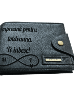 Portofel Personalizat 'Impreuna pentru totdeauna', barbati, piele, cu capsa, negru