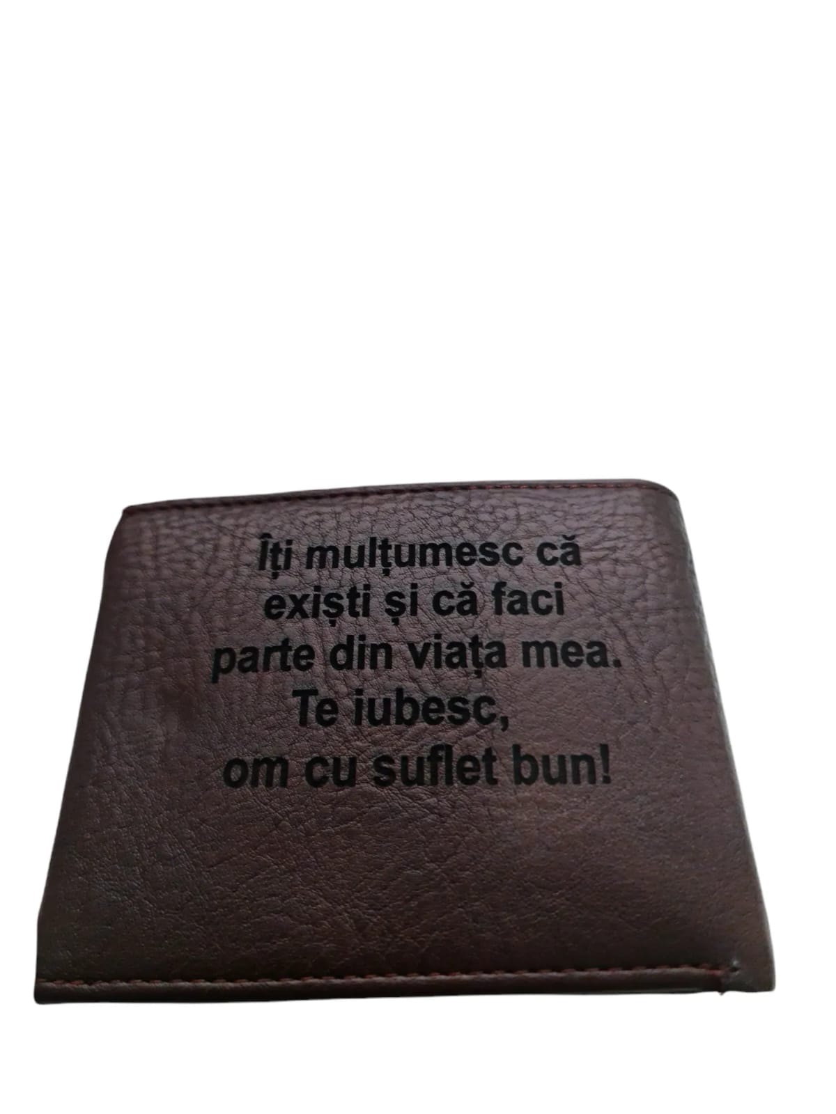 Portofel Personalizat 'Iti multumesc ca existi', barbati, piele, cu capsa, maro