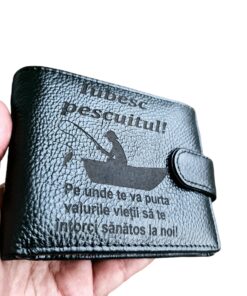 Portofel Personalizat 'Iubesc pescuitul', barbati, piele naturala , negru