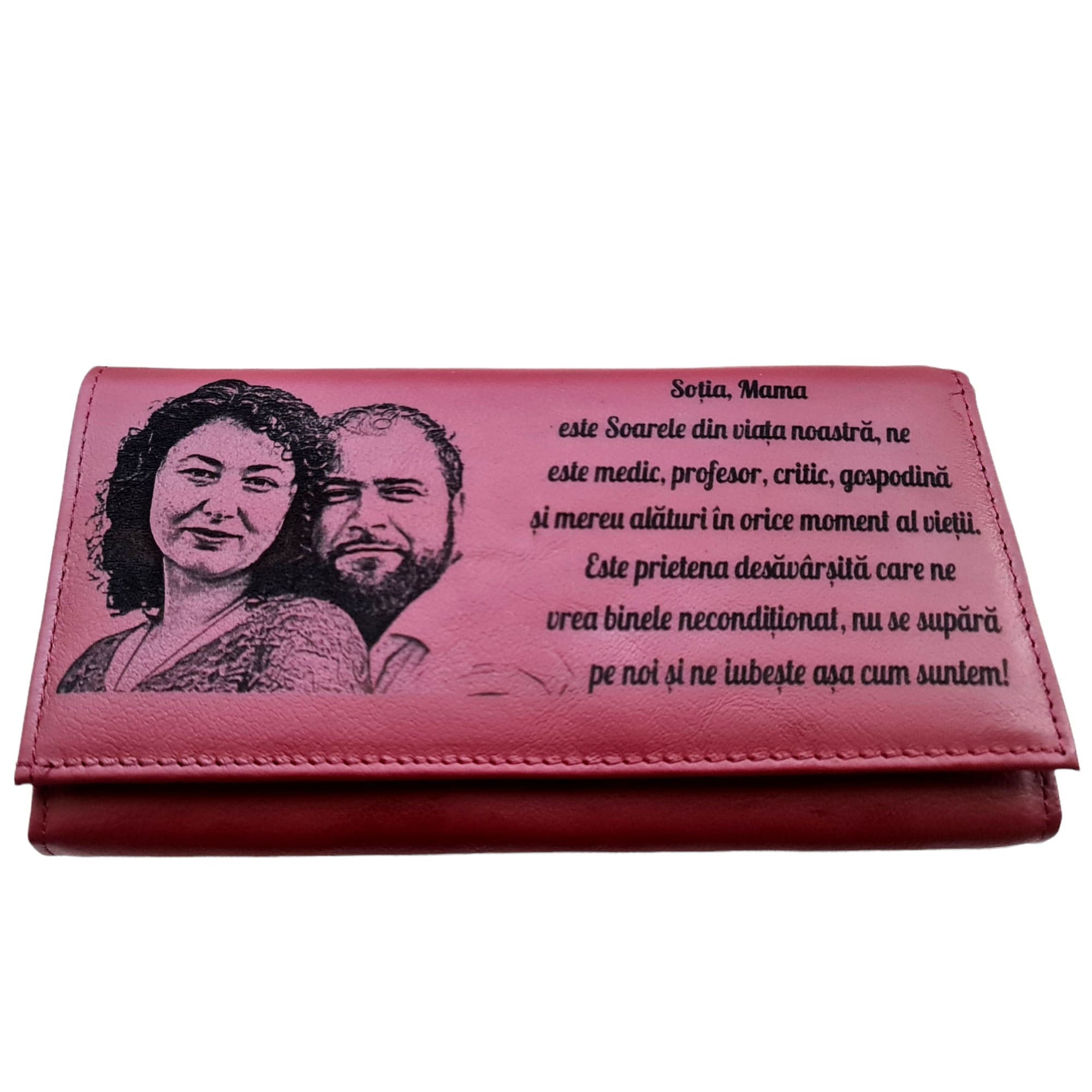 Portofel Personalizat 'Mama este Soarele', dama, piele naturala, rosu