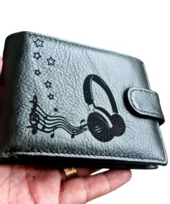 Portofel Personalizat 'Motive muzicale', barbati, piele naturala, cu capsa, negru