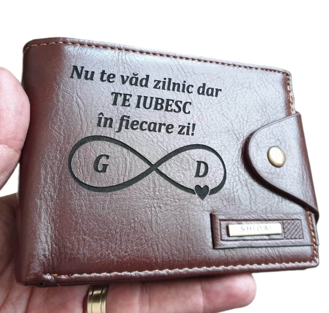 Portofel Personalizat 'Nu te vad zilnic', barbati, piele , cu capsa, maro