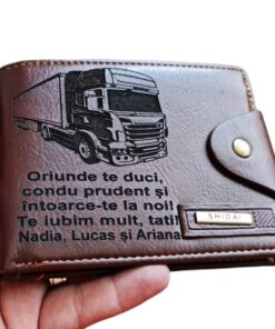 Portofel Personalizat 'Oriunde te duci 3', barbati, piele , cu capsa, maro