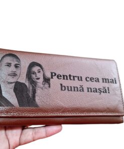 Portofel Personalizat 'Pentru cea mai buna nasa', dama, piele naturala, maro