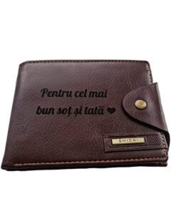 Portofel Personalizat 'Pentru cel mai bun sot', barbati, piele, cu capsa, maro