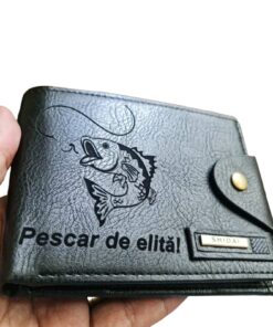Portofel Personalizat 'Pescar de elita', barbati, piele , cu capsa, negru