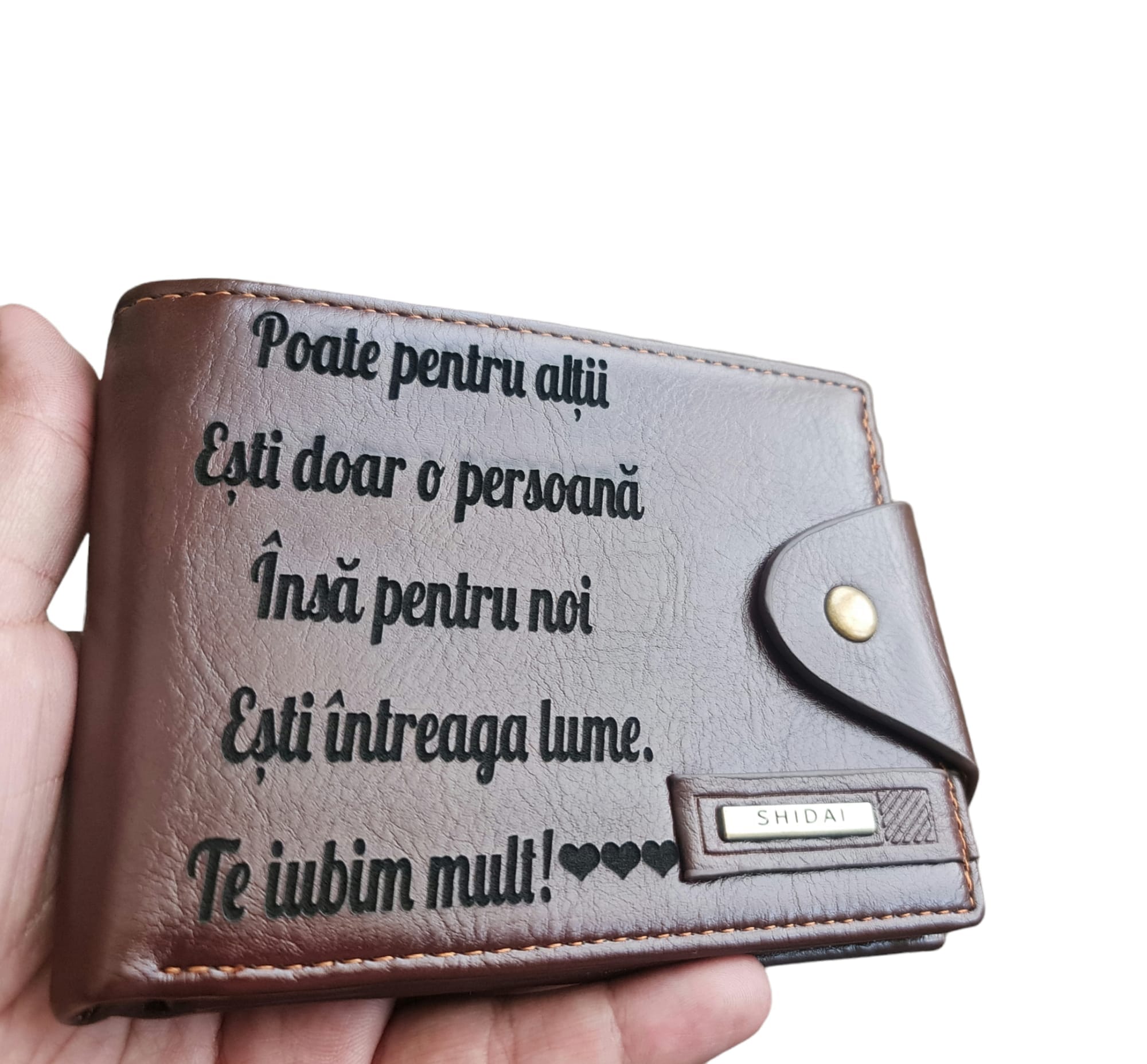 Portofel Personalizat 'Poate pentru altii', barbati, piele , cu capsa, maro