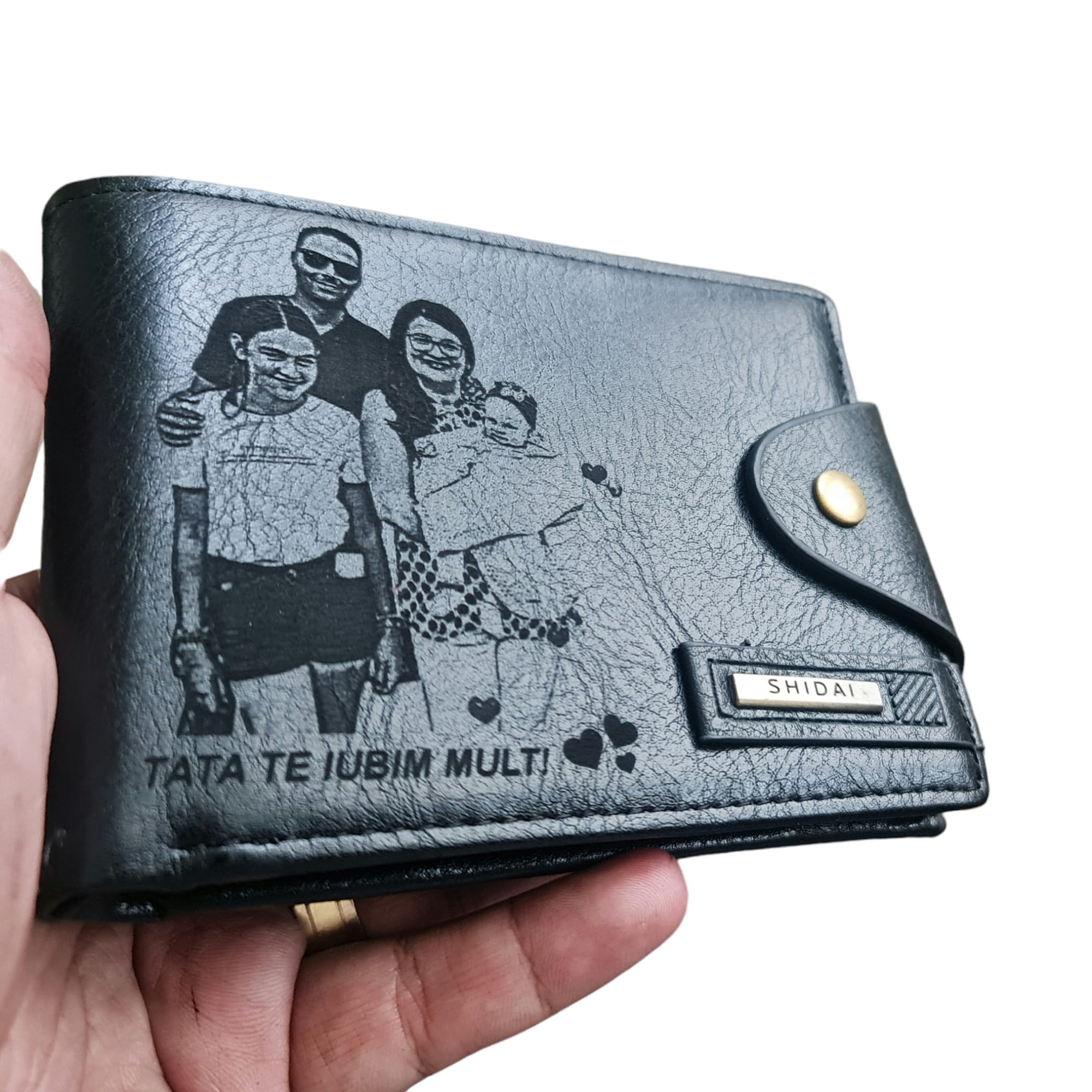 Portofel Personalizat 'Tata te iubim mult', barbati, piele , cu capsa, negru