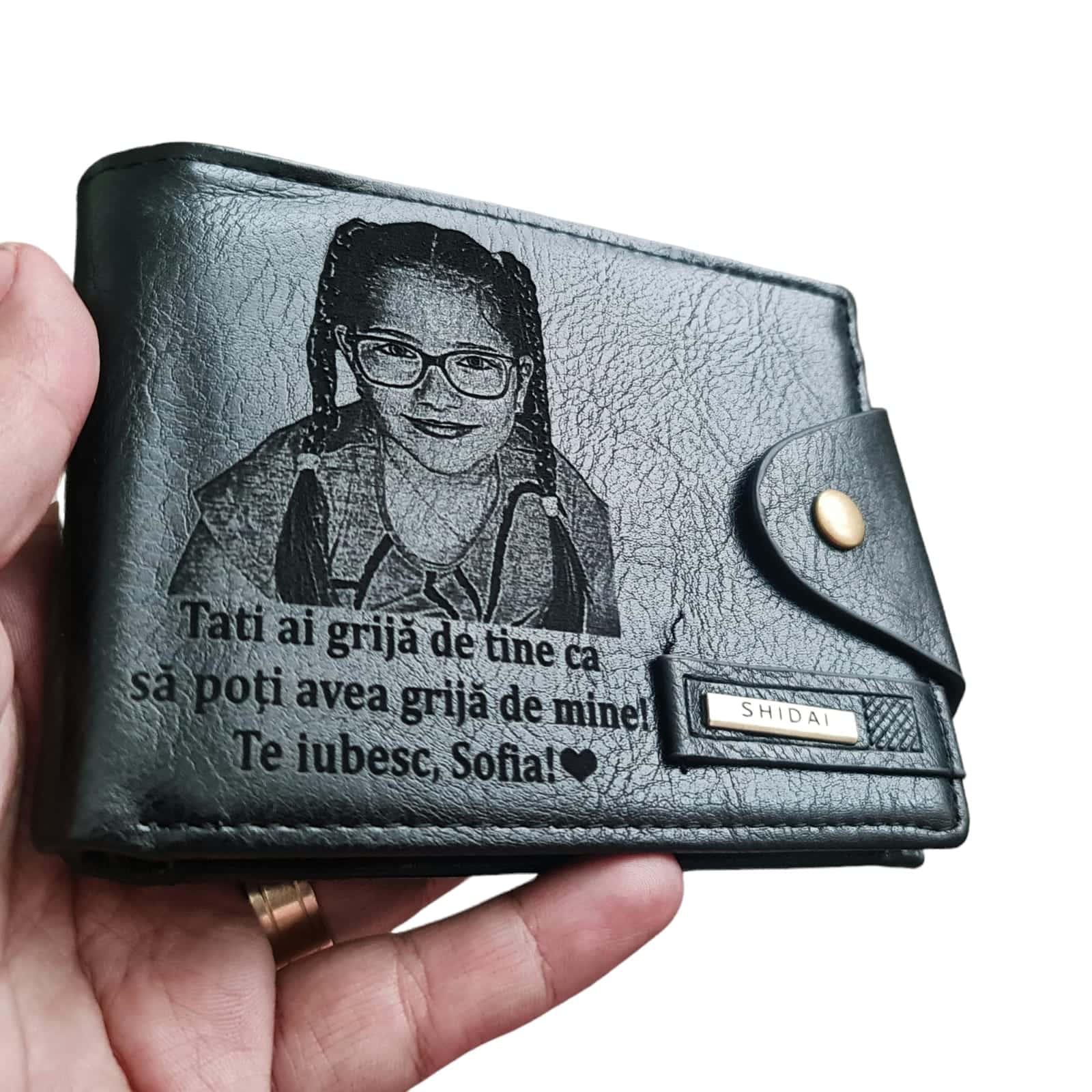 Portofel Personalizat 'Tati ai grija de tine 2', barbati, piele , cu capsa, negru