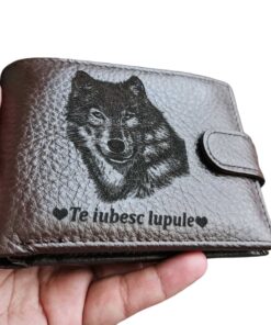 Portofel Personalizat 'Te iubesc lupule', barbati, piele naturala , maro