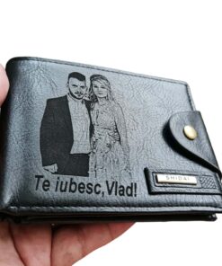 Portofel Personalizat 'Te iubesc penb 3', barbati, piele , cu capsa, negru