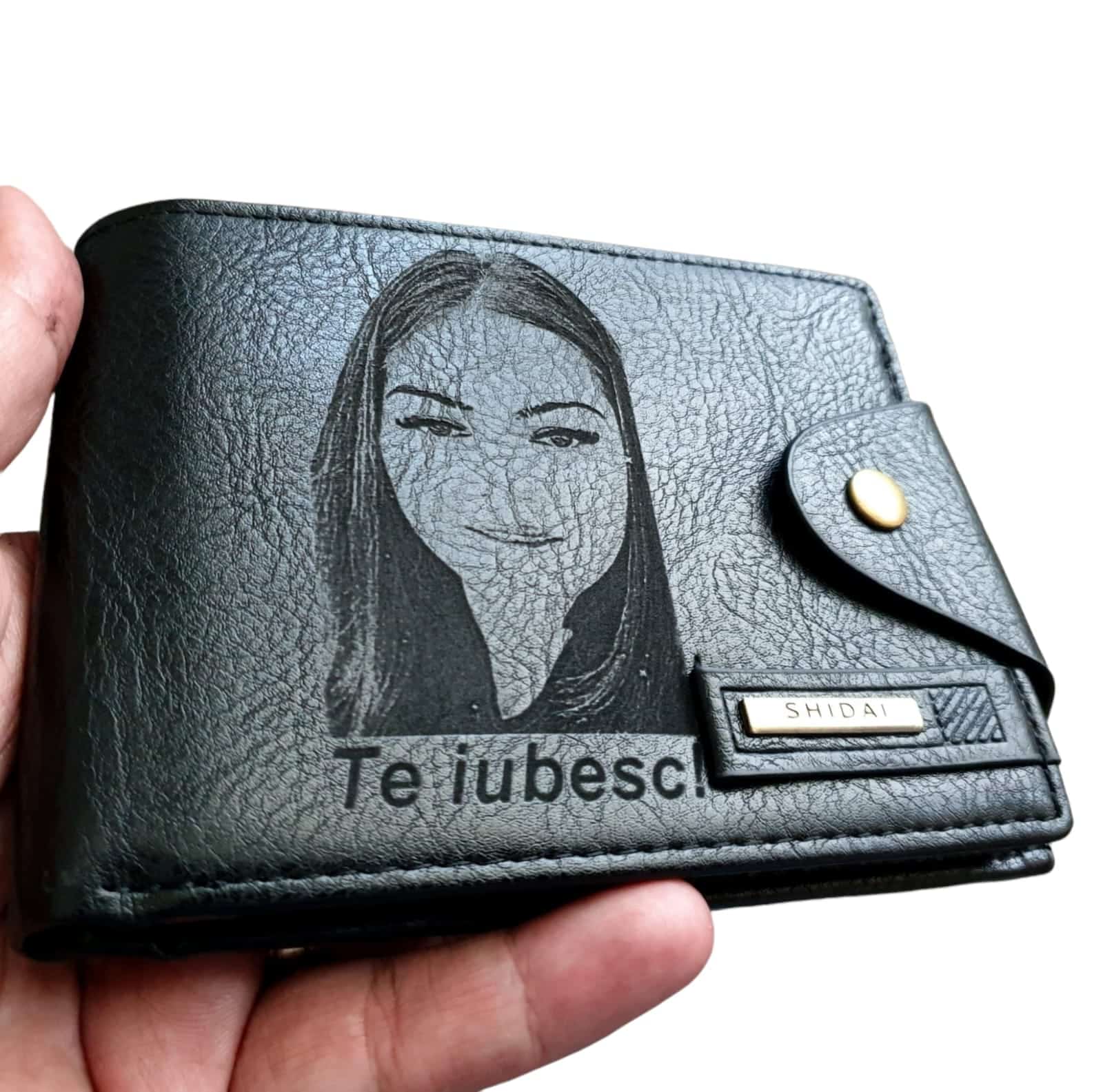 Portofel Personalizat 'Te iubesc penb 4', barbati, piele , cu capsa, negru