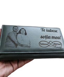Portofel Personalizat 'Te iubesc sotia mea', dama, piele naturala, negru