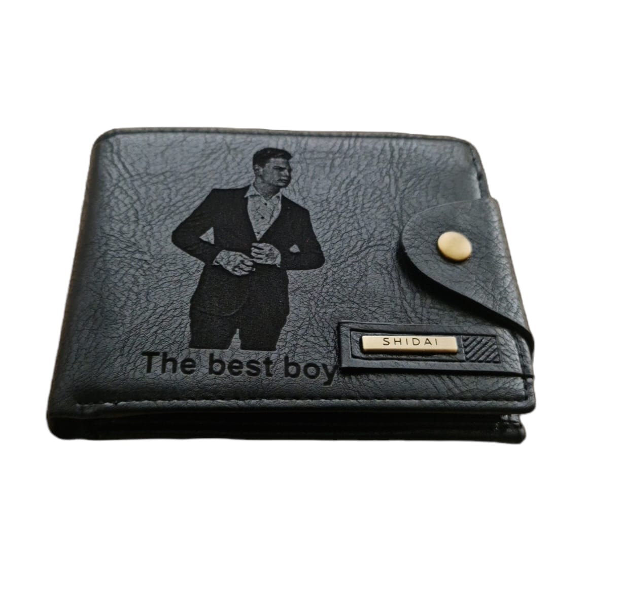 Portofel Personalizat 'The best boy', barbati, piele , cu capsa, negru