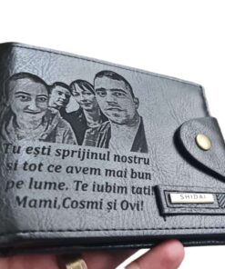 Portofel Personalizat 'Tu esti sprijinul nostru', barbati, piele , cu capsa, negru